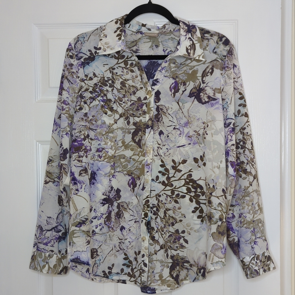 Chico's White Purple Floral Longsleeve Button-Up Blouse - Size 1 / Women Medium